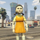 The robot doll from Squid Game stands on the sidewalk in GTA V's Los Santos.